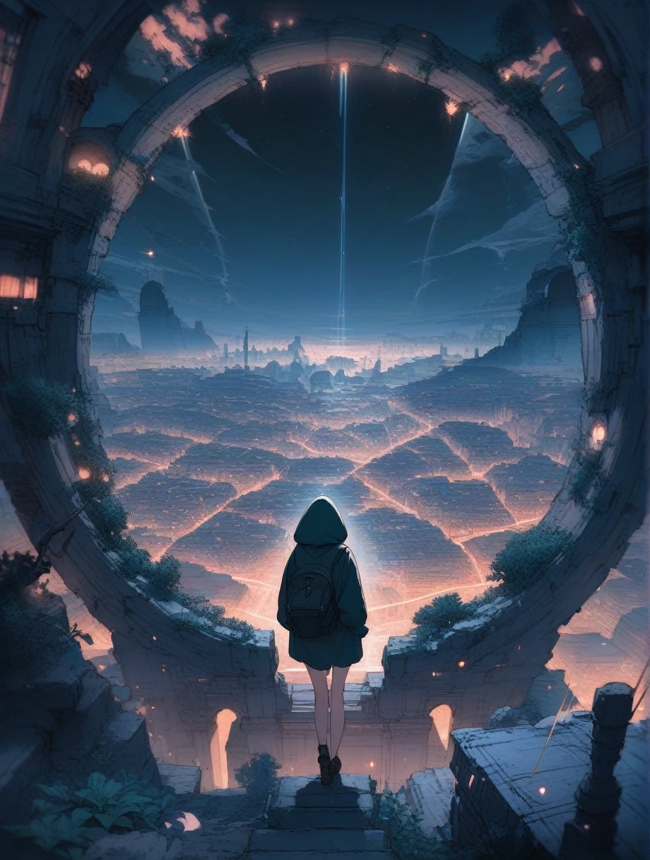 score_9, score_8_up, score_7_up, score_アニメ, masterpiece, best quality, delicate illustration, sharp line, sharp focus, BREAK,Traveler girl wandering in the ruins of endless night, the girl is wearing a hood, a lot of baggage in her backpack., night、City of the Future、Fantastic landscape、Beautiful Landscape、Harmony with Nature、Spectacular views、Machine City