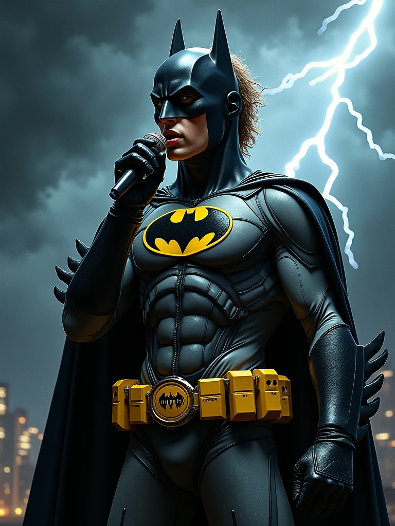 Rock Prodigy Batman sings using a microphone with a background of thunder and a very rock vibe.