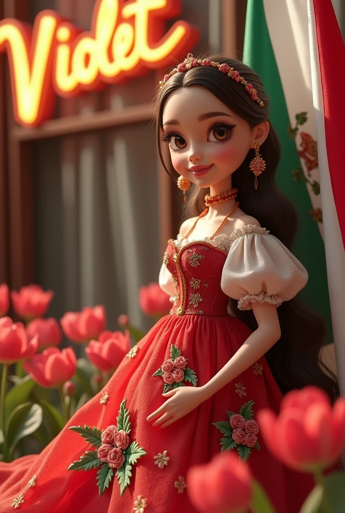 Una fascinante ilustración en 3D de estilo anime de una cautivadora muñeca llamada violet. violet está vestida con un rojo exquisito, white, and a green chiffon dress. The dress is adorned with intricate floral designs., evoking the essence of traditional Mexican clothing. Patricia's brown hair is styled with braids and beads of the same colors., framing her radiant smile and captivating brown eyes. She stands gracefully to the right of the Mexican flag, surrounded by iconic Mexican decorations that celebrate the rich culture. The illuminated letters of your name, "violet," are shown in bold silver-gold letters, with an elegant font. In a magic touch, The doll transforms the flower-covered landscape into an enchanting party, Embodying the vibrant colors and spirit of Mexican celebrations. The cinematic background features a mix of red.