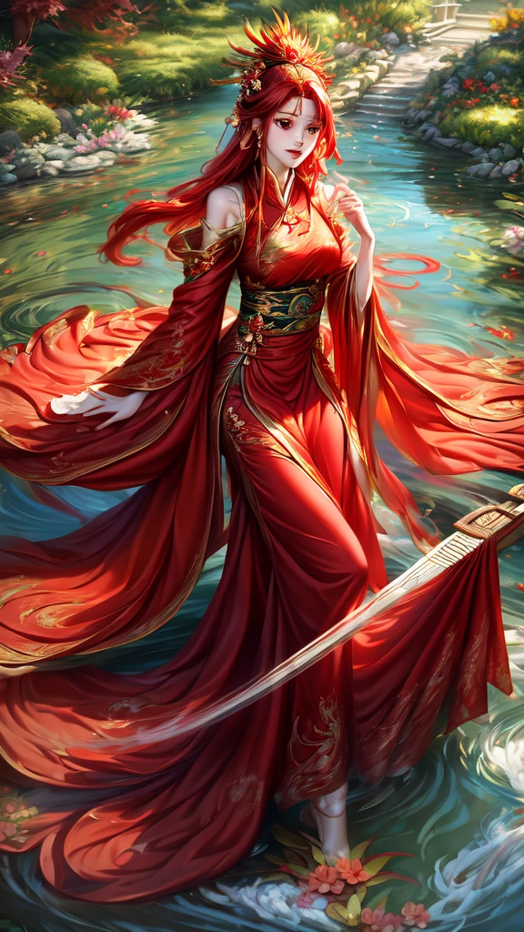 garden,Small bridge and flowing water,red phoenix woman,Long flowing red hair,Phoenix Eyes,Present beauty,Elegance,Big breasts,Present a beautiful figure,Wearing a fiery red Phoenix dress,Sit on a board,Solo Phoenix Guzheng.High resolution, masterpiece, best quality, high detail, Ultra HD,