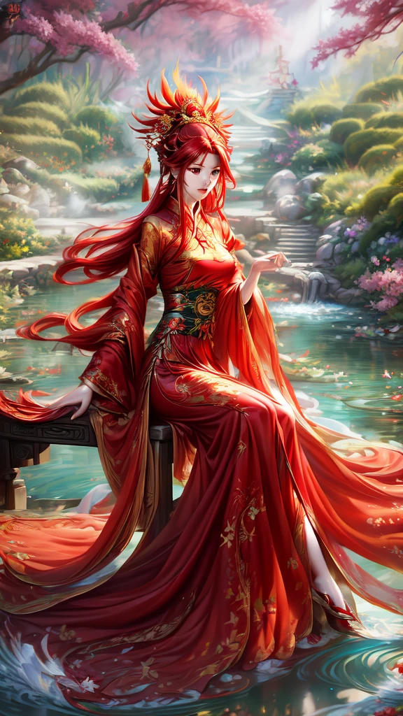 garden,Small bridge and flowing water,red phoenix woman,Long flowing red hair,Phoenix Eyes,Present beauty,Elegance,Big breasts,Present a beautiful figure,Wearing a fiery red Phoenix dress,Sit on a board,Solo Phoenix Guzheng.High resolution, masterpiece, best quality, high detail, Ultra HD,
