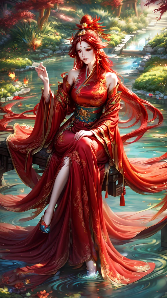 garden,Small bridge and flowing water,red phoenix woman,Long flowing red hair,Phoenix Eyes,Present beauty,Elegance,Big breasts,Present a beautiful figure,Wearing a fiery red Phoenix dress,Sit on a board,Solo Phoenix Guzheng.High resolution, masterpiece, best quality, high detail, Ultra HD,