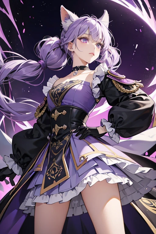 Keqing has fair skin and dark amethyst eyes, with oval cat-like pupils featuring diamond-shaped markings on the iris. Her light purple hair tied into waist-length twin-tails, topped by small odango-style buns resembling cat ears. There is also a small braid running along the side of her bangs.
She wears a pale lavender top with a high violet collar and ruffled dark blue skirt, layered under a deep violet overcoat. The opening of her overcoat is marked by a golden ornament, which has white flowers and purple and gold-accented feathers attached. The pattern of the feathers resembles the ones on the dangling backs of her long sleeves. In addition, she wears a golden hairpin, a tasseled choker, and dark gloves with lavender trim. Her outfit, Piercing Thunderbolt, is described to be a formidable-looking dress made using luxurious materials. SPARKLE; GLITTER