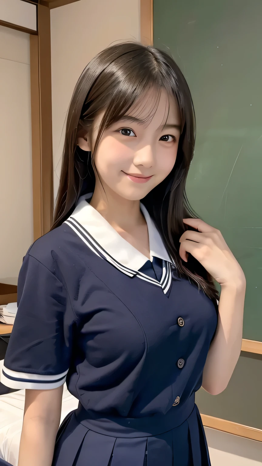(masterpiece:1.2), a Japanese girl, (15yo), (school uniform), bedroom, (tits), short sleeves, smiling,