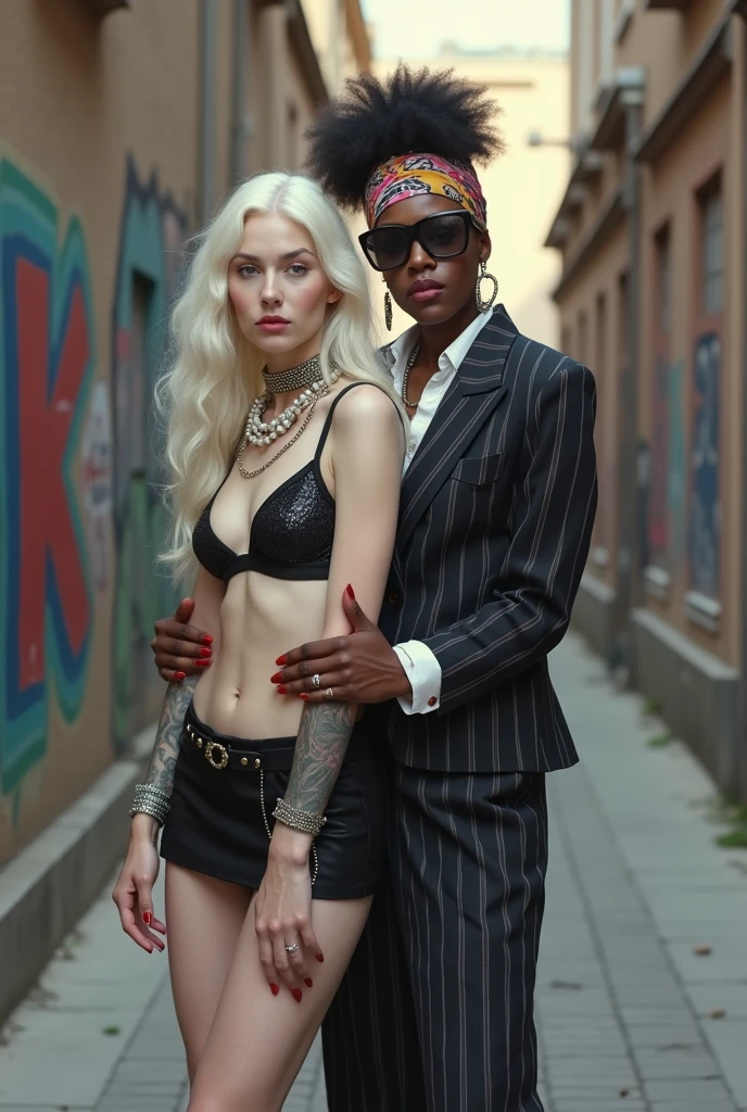 Two russian old milf women: the dominant aggressive dark skinned  black woman in business pinstripe cropped blazer, pinstripe pencil skirt and white silk blouse, long nails and afro hair, standing up with separated legs and possessive stance showing off her new white girlfriend to the camera with her hands on her girlfriend.. Next to her, her white rich drunk girlfriend looks at the camera  (white woman is very pale: pale face, pale neck, pale chest, pale arms, pale hands, pale stomach, pale leg), white woman stretches her neck and looks at the camera. White woman leans on her girlfriend . White woman stands up with separated legs. White woman wears low rise back sequins mini skirt and black silk stockings, platinum blonde hair (pouf, top bun, saved sides, wide colourful bandana as headband) and oversized square sunglasses as headband. Big lips with no makeup. White woman Black studded leather push up bra. Barefoot.. white woman wears a Lot of thick metallic bracelets in the wrists  and big pearl necklaces around the neck. White woman wears Wide loose studded belt with big solid buckle. Loose chains around the hips of the white woman. White woman is leaning back on her girlfriend.. The white woman is densely tattooed on neck, tattoed chest, tattoed stomach, tattoed legs, wrists and feet. White woman has well Toned abdominals, thin neck, slim legs and thin arms. White woman has Narrow hips and noticeable tigh gap. The body of the white woman is twisted in a lazy pose . On a narrow street with graffitied walls, some nuns in the background 