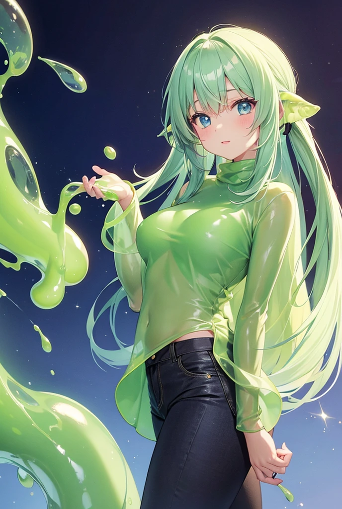 A beautiful girl wearing a slime turtleneck whose body has fused with slime()Full body creation