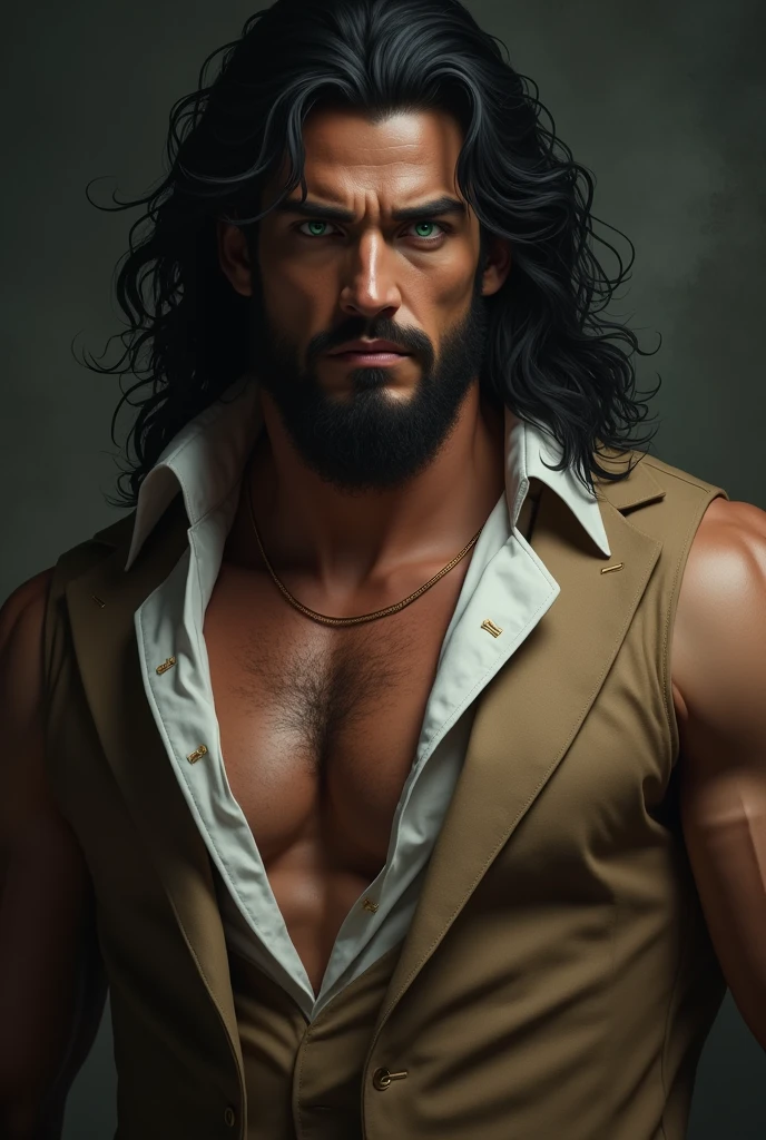 high qualiy, portrait of a domineering looking man, black hair wavy short hair,dominant green eyes, Greek traits ,skin tanned, He's big ,sculptural and supernatural body, He has defined and striking facial features, he has a serious expression and a slightly raised eyebrow. ,He is wearing half-open clothes showing his muscles ,black formal wear Masterpiece, short hair and he has a scared and intimidating expression ,he is an alpha,terrifying intimidating appearance , He is scary and his dominant presence is seriously mysterious..