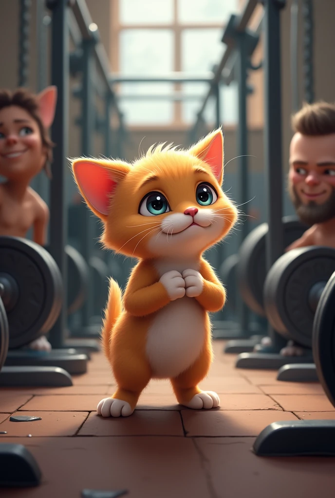The small kitten, still saddened by his father's defeat, makes a determined decision in the 'Meow Gym.' With tears drying on his cheeks, he clenches his tiny paws and looks up at the gym’s equipment with newfound resolve. His eyes, once filled with sorrow, now shine with determination. The kitten imagines himself one day becoming as strong as his father, maybe even stronger, to make him proud. The gym-goers, noticing the shift in the kitten’s demeanor, smile encouragingly, recognizing the spark of ambition in the little one. The scene captures the moment of transformation, where sadness turns into a powerful resolve to follow in his father’s footsteps and become a bodybuilder."