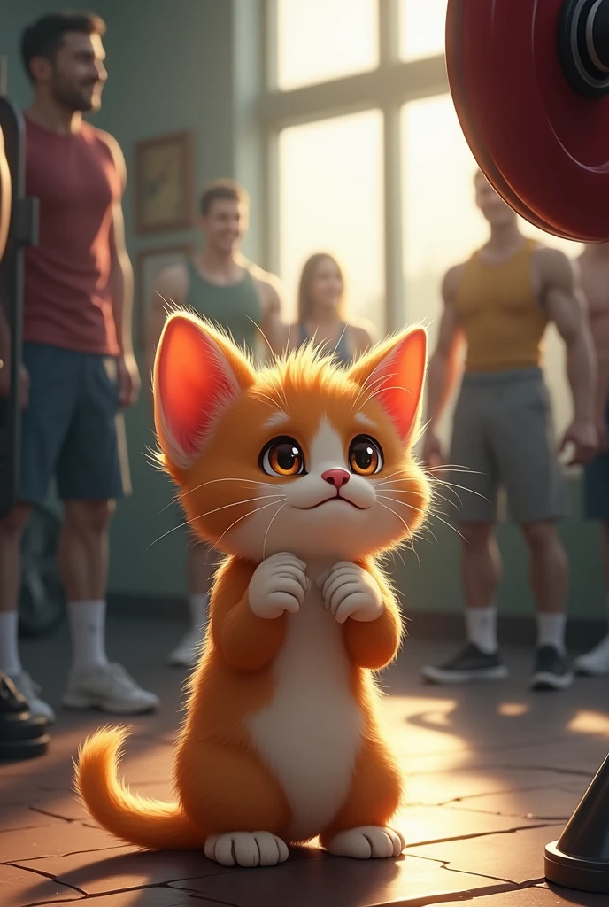 The small kitten, still saddened by his father's defeat, makes a determined decision in the 'Meow Gym.' With tears drying on his cheeks, he clenches his tiny paws and looks up at the gym’s equipment with newfound resolve. His eyes, once filled with sorrow, now shine with determination. The kitten imagines himself one day becoming as strong as his father, maybe even stronger, to make him proud. The gym-goers, noticing the shift in the kitten’s demeanor, smile encouragingly, recognizing the spark of ambition in the little one. The scene captures the moment of transformation, where sadness turns into a powerful resolve to follow in his father’s footsteps and become a bodybuilder."