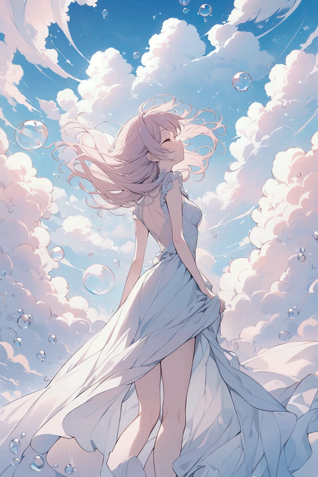 (masterpiece), (best quality), (ultra detailed), 1 girl, looking up at the sky, from behind, surrounded by bubbles, dynamic movement, wind blowing, (soft pastel colors), blue sky, many clouds, serene and peaceful atmosphere