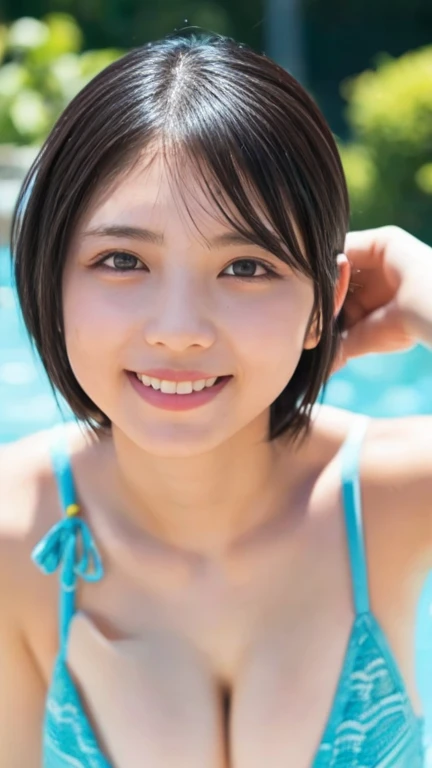 short hair, aqua eyes, tareme, smiley, expressions, mole under eye, sanpaku, depth of field, textured skin, high quality