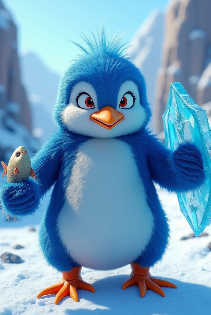 A blue penguin, from a game, 3D, facing forward diagonally with a normal fish in one hand and an ice shield in the other, A warrior
