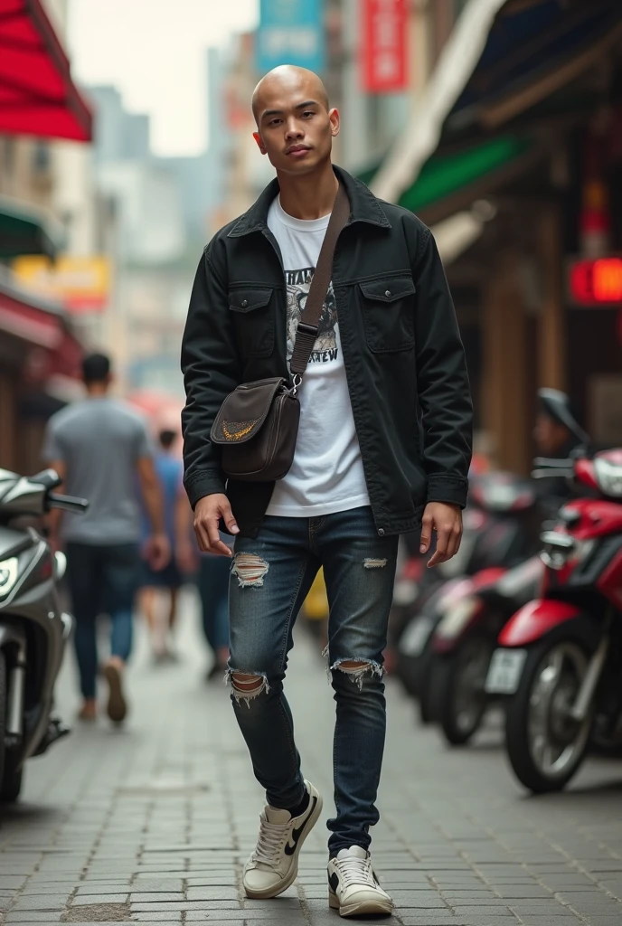 (photorealism:1.2), (lock the face). An Asian young man is very handsome(which) bald hair 1cm, posing as a fashion model on the busy streets of downtown Jakarta, wearing a black army jacket and a white screen printed t-shirt with ripped jeans, sling bag, latest nike sneaker model, handsfree, warm colors, by Greg Rutkowski, by Alphonse Mucha