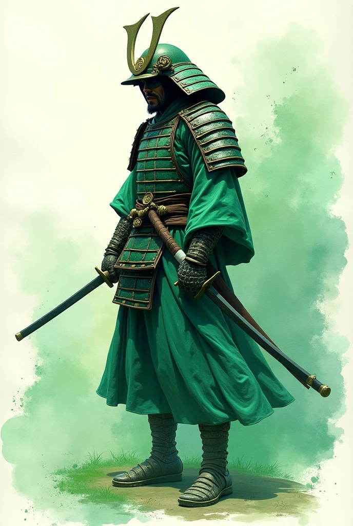 samurai painted in watercolor and green with the full body