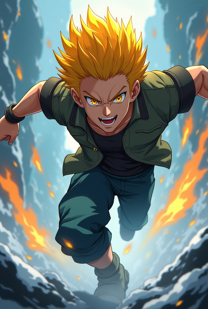 Yellow hair, yellow eyes, handsome, young, anime, strong, masculine, rushing forward, cold, dangerous, cold smile, fire, non-radiant