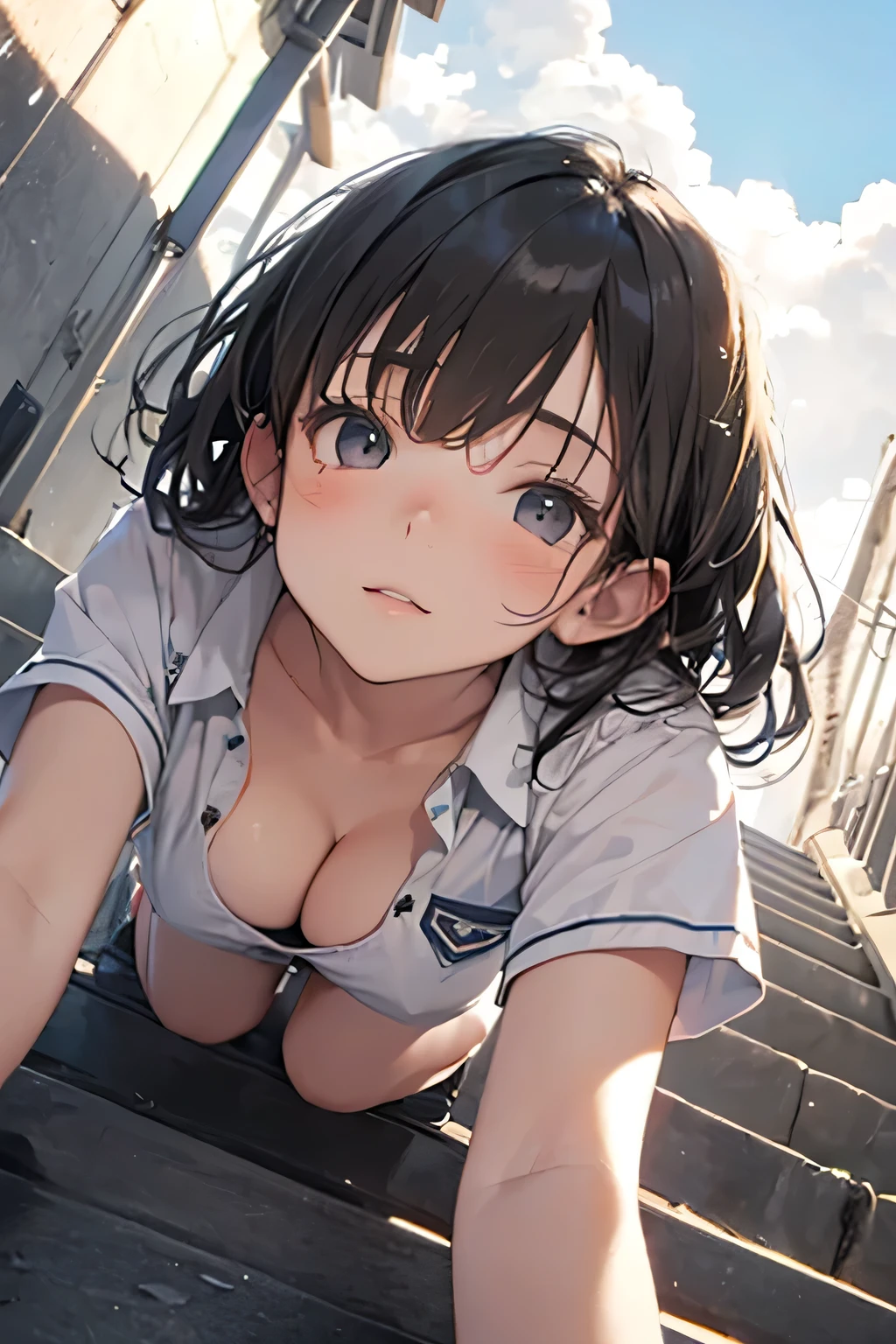 16K、Cute junior high school student showing off her white panties、(Looking up from the ground:1.5)、Lying on your back:1.3、A revealing white school uniform、Cleavage、Camel Toe:1.5