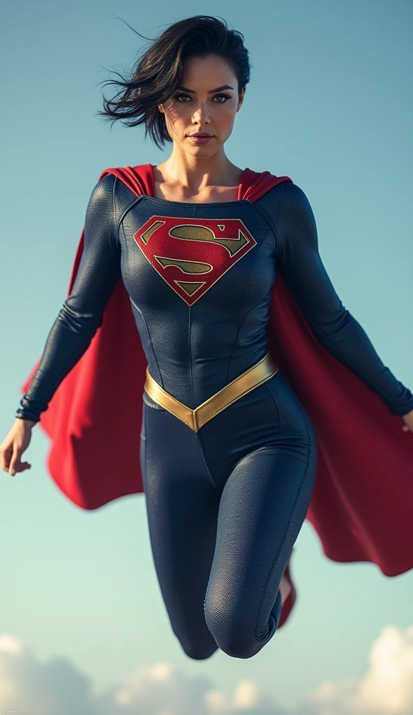 spanish girl, dark hair, very short hair, pixie haircut, dark brown eyes, actress sasha calle as supergirl, supergirl costume, very tight suit, ultra realistic professional photo, levitating in the air, sky background