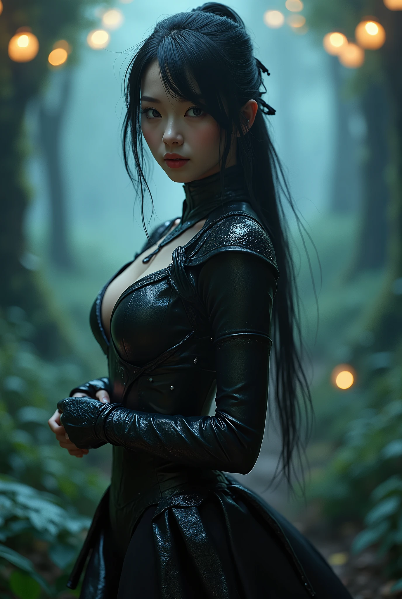 (masterpiece,best quality:1.4),(8k,raw photo,photo realistic:1.2),shiny skin,detailed skin,detailed face,detailed eyes,Detailed hands,Detailed Background、1girl,Japanese idol,(beautiful face),(Shining Eyes:1.1),、Ultimate Idol、Symmetrical eyes、、Great background、Great location、((Japanese,sexy hunter costume,Assassin's Costume))、(Detailed and very cute,),Full body portrait,Mysterious glowing forest,Figure with a bow,nswf,sexy Instagram style