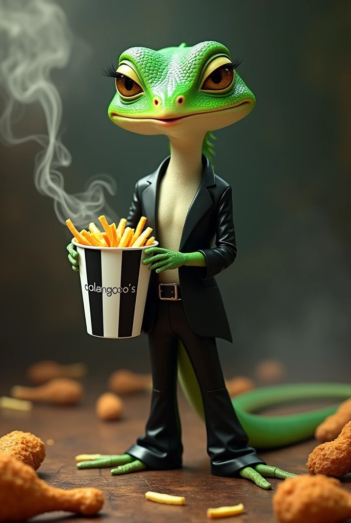 A realistic female green lizard with a black and white outfit smiling holding a black and white striped bucket with the words Calango's written on it. The bucket with fried chicken drumsticks and French fries scattered on the floor, smoking
