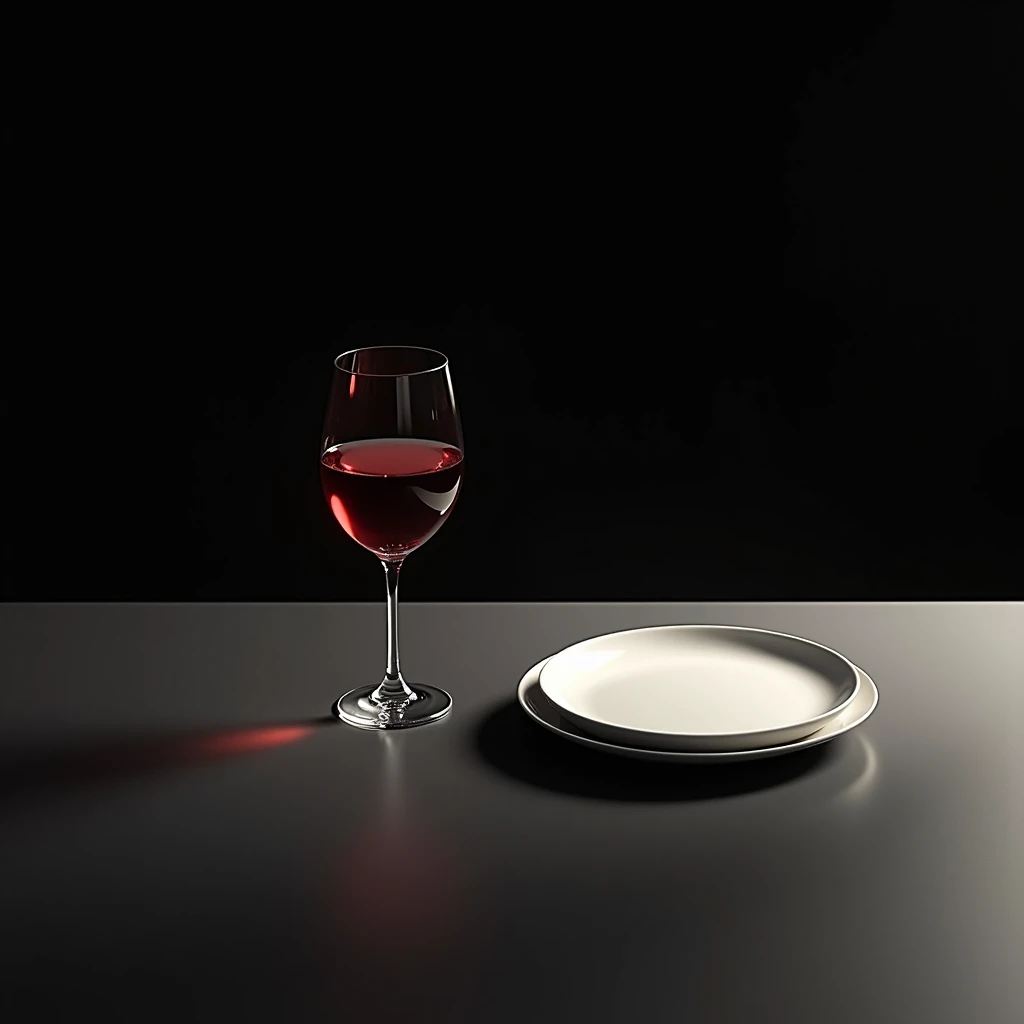 Table with plate and glass of wine angle from above. Black background still life