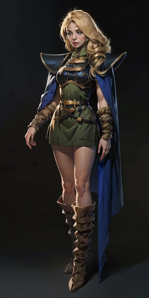 (masterpiece, best quality) (black background) full body standind straight symmetrical, FEMALE warrior princess Mercedez Von Martritz, twin big belt around waist, long curly blonde hair, very white skin, female wearing full body bikini armor with red cape, brown leather boots, adventurer outfit, veteran warrior milf bimbo