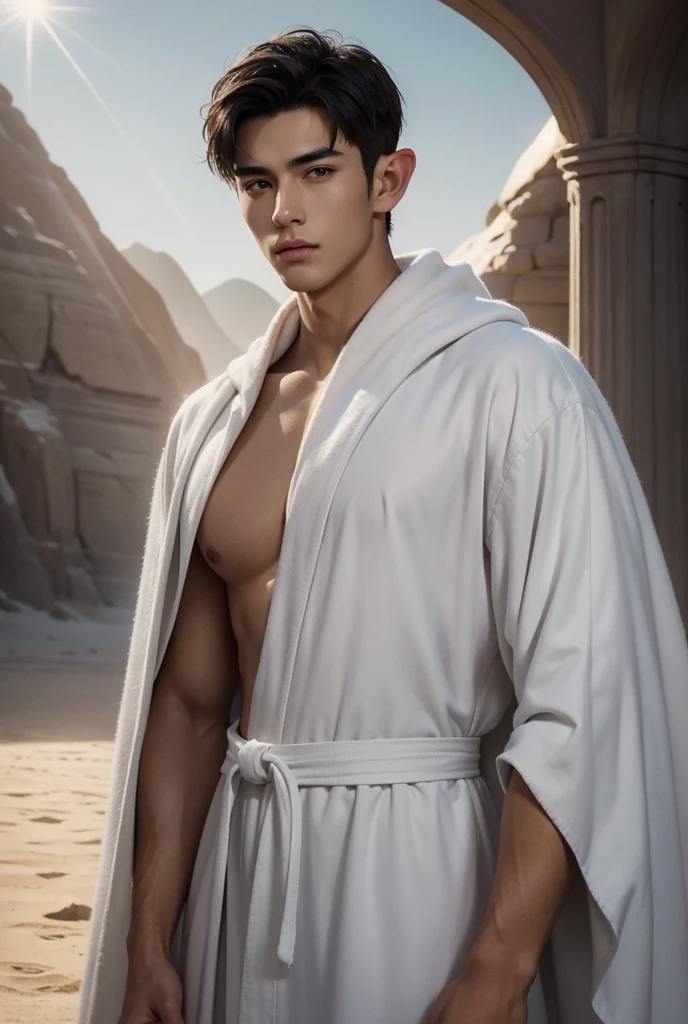 Masterpiece, Excellent, a tall muscular young man, solo, perfect facial features, (short hairstyle:1.5), sexy gaze, beautiful, gorgeous, wet, digital painting, wizard, slimming, elf, gray pupils, floating ball of light, white robe, robe, relax, desert detailed background