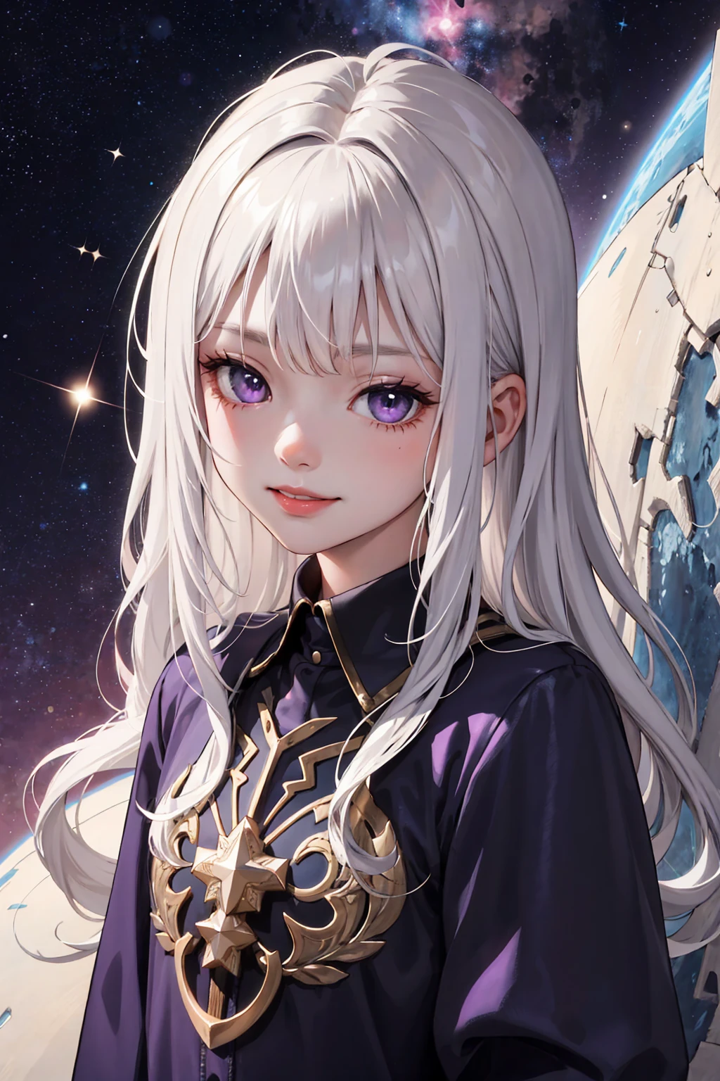 (masterpiece:1.2, best quality), (real picture, intricate details), 1kid,  girl, child girl upper body, space, long hair, minimal makeup, natural fabrics, close-up face, smile, long messy white hair, messy long hair, wavy white hair, wavy long messy hair, white hair, bangs, Korean bangs, bangs on forehead, purple eyes, galaxy eyes, purple sparkling eyes, fancy clothing, fancy oversized clothing, long sleeves, clothing galaxy themed, galaxy imprinted oversized, child, kid, small, , star universe eyes