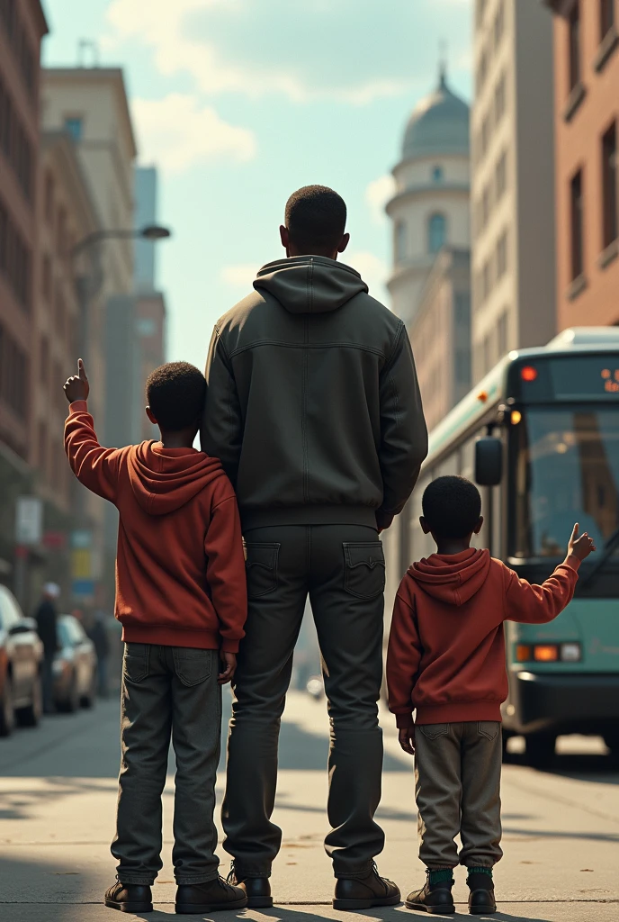 A black man with two boys pointing at a bus



