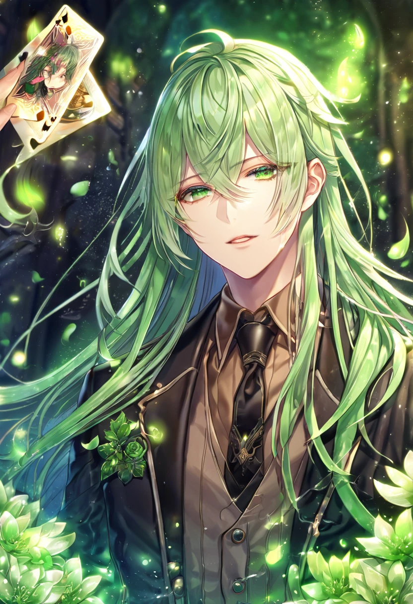 absurdres, highres, ultra detailed, HDR, master piece, Ukyo, light green hair, long hair, expressive green eyes, black long jacket, black cap, brown shirt, black necktie, Amnesia Memories, sexy man, handsome, best quality, green blossoms, green petals, green flowers, fantasy, magical, green shining fireflies, solo, water, cards of joker,