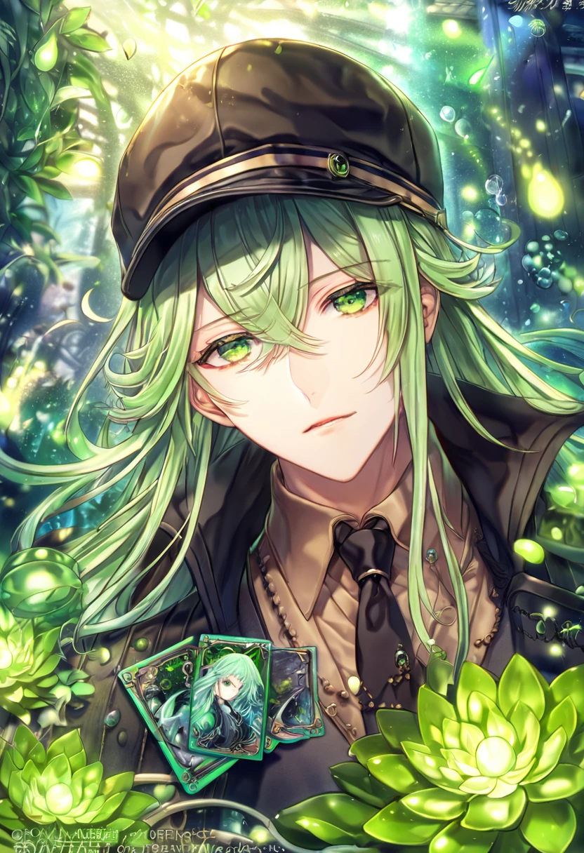 absurdres, highres, ultra detailed, HDR, master piece, Ukyo, light green hair, long hair, expressive green eyes, black long jacket, black cap, brown shirt, black necktie, Amnesia Memories, sexy man, handsome, best quality, green blossoms, green petals, green flowers, fantasy, magical, green shining fireflies, solo, water, cards of joker,
