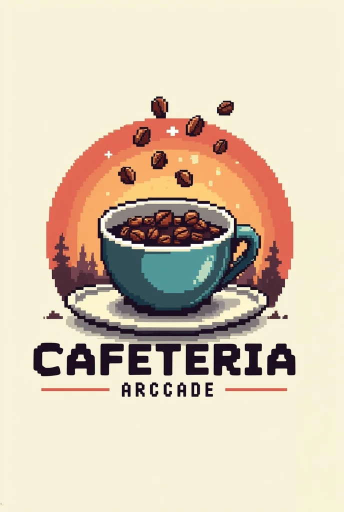 I&#39;m creating the logo for a gaming-themed experience cafe, What I need is a logo for this design a coffee cup that is made of pixels, giving a retro look, It also adds pixelated graphics of coffee beans or small video game icons inside the cup., The logo should be serious but fun, now put the name of the establishment, This is called Arcadia Cafeteria 