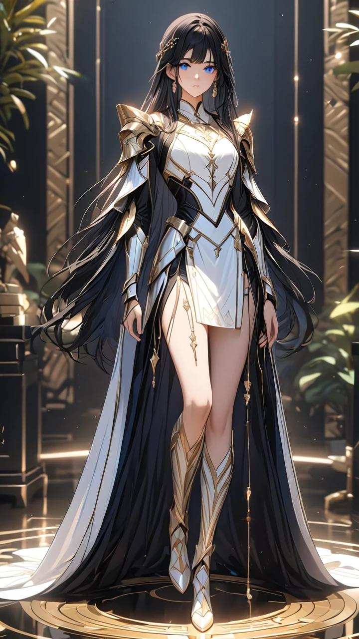 (((masterpiece, best quality, 16k))) Design a layout showcase Gaming character, (1girl). A breathtakingly beautiful young slender female Paladin with long tied, flowing, black hair and intense blue eyes , wearing an ornate godly, white gold armor(extremely detailed:1.2) ,((full body shot:1.4))
