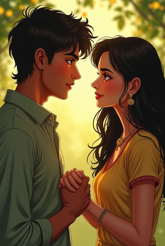 Mutual Feelings:
"In the same garden, a close-up of Priya gently holding Aniket’s hand. Both have tender expressions, filled with warmth and affection. The background fades slightly, emphasizing the intimacy of the moment as they both realize their mutual love for each other."