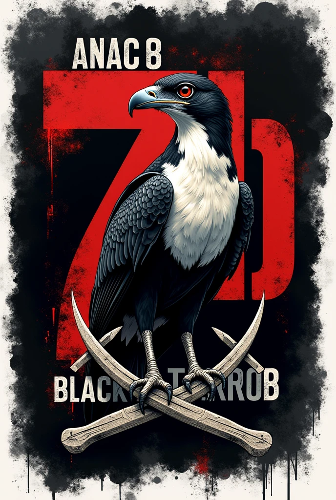 create a flag on top, highlight the name black terror in Brazilian Portuguese and a caracara below, two crossed sickles and a caracara in the middle, write 7b and make it really big at the bottom, In addition to putting the name black terror on top, the design has to be black, white and red