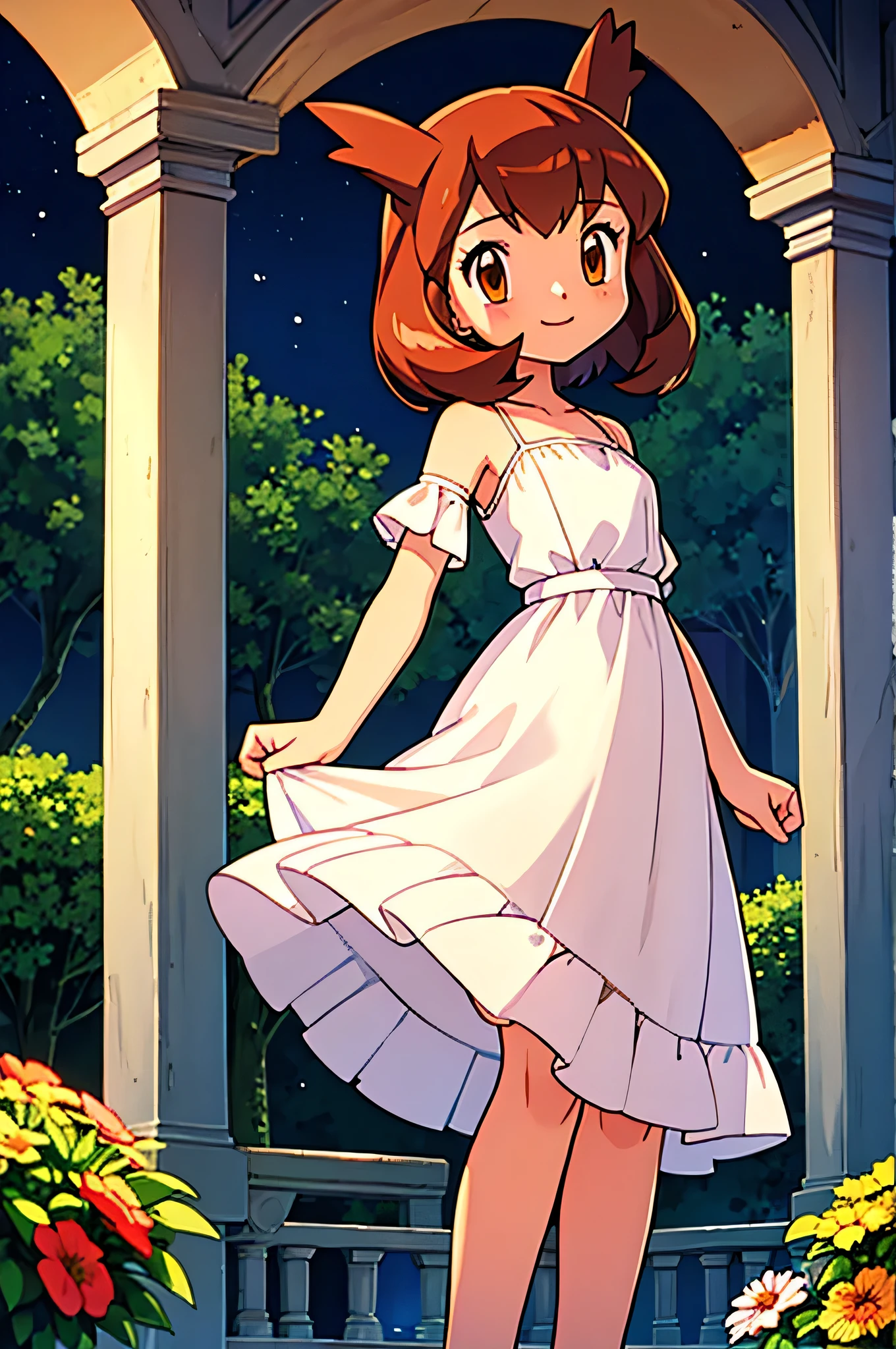 masterpiece, best quality, ultra-detailed, illustration, beautiful detailed eyes, very detailed illustration, cinematic lighting, 1 girl, solo, Pokemon Heroes (Bianca), Brown Hair, brown eyes, bare shoulders, wearing a white maxi regency dress, collarbon, intricate details, sharp focus, high resolution, the background of beautiful garden with a forest of flowers, on a beautiful night, crescent moon, smile, standing on the terrace, near a big water pool on the bottom, golden columns, arms behind back, anime style, ultra-detailed, hdr, far at the bottom, in the center, Close up
