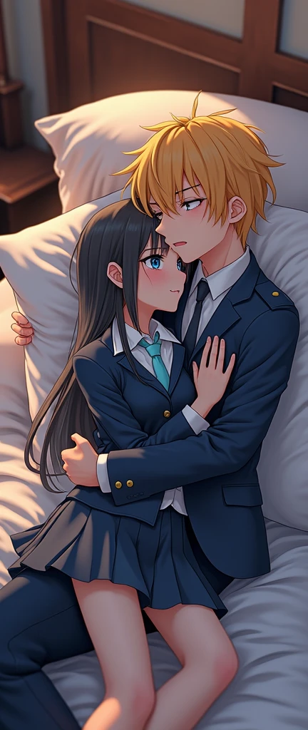 (32K:1.9, Photorealistic:1.9, Highest quality, masterpiece, Ultra-high resolution), Perfect dynamic composition:1.3, Highly detailed skin and facial textures:1.3, (Cute sexy slim Japanese schoolgirl, Height: 155cm), (Slim man, Length 180cm), ((Both of them lie on the bed, A man gives a woman a pillow:1.3, to kiss:1.4)), Fair skin, ((Clarity:1.1)), (The guy has a great uniform:1.3, Bright yellow hair, beautiful目:1.3), (The woman is wearing a uniform with a light blue tie..:1.3, Straight black hair.:1.3, smile:0.9, A man completely charms a woman:0.9, beautiful Blue Eyes, beautiful, Clear Eyes:0.8), Sexy Face:0.4, blush:1.1, (beautifulエロティシズムを醸し出す雰囲気:0.8, Professional random camera work, Cinematic Lighting Effects, romantic, mysterious), (Too erotic), Object of admiration, original, dramatic, artistic, Innovative, charm, Heartful, Fancy, Tilt, sense of loss, special, exciting, Extreme, sense of openness, joy, joyの表現, ((若さのcharm, 女性的なcharm))