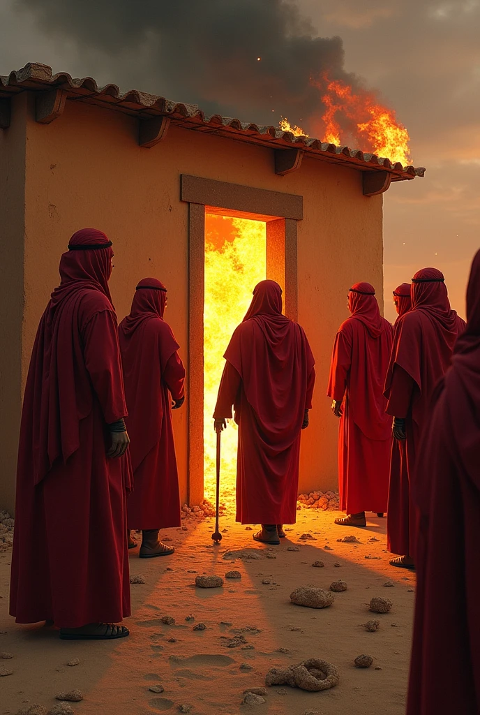 The fourth time, Umar went with a group to Fatima’s house, broke the door. Umar also set fire to the house. Arabia year 600 AD.Chr. Umar uses Hewalt when entering the door.
Umar looks ugly and like a tyrant. He and his men set fire to the little house and kicked the door. They wear red clothes are evil and hateful