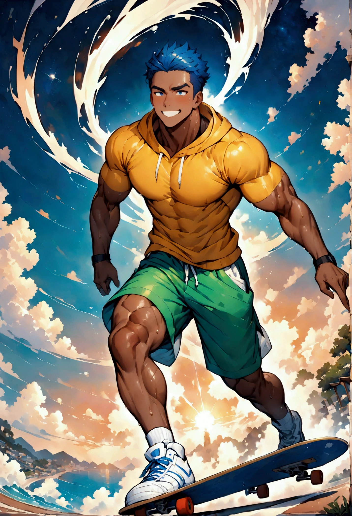 boy、He's wearing a perfect short-sleeved yellow hoodie.、Wearing green shorts、White sneakers、Skateboarding、night、starry skies、smile、Perfect Eyes、Highest quality、High resolution、Super detailed、4K、perfect anatomy、muscular male、(father:0.5)、gay、Blue Hair、Sports haircut、short hair、Brown skin、(sweat:1.3)、steam、full body、wide view