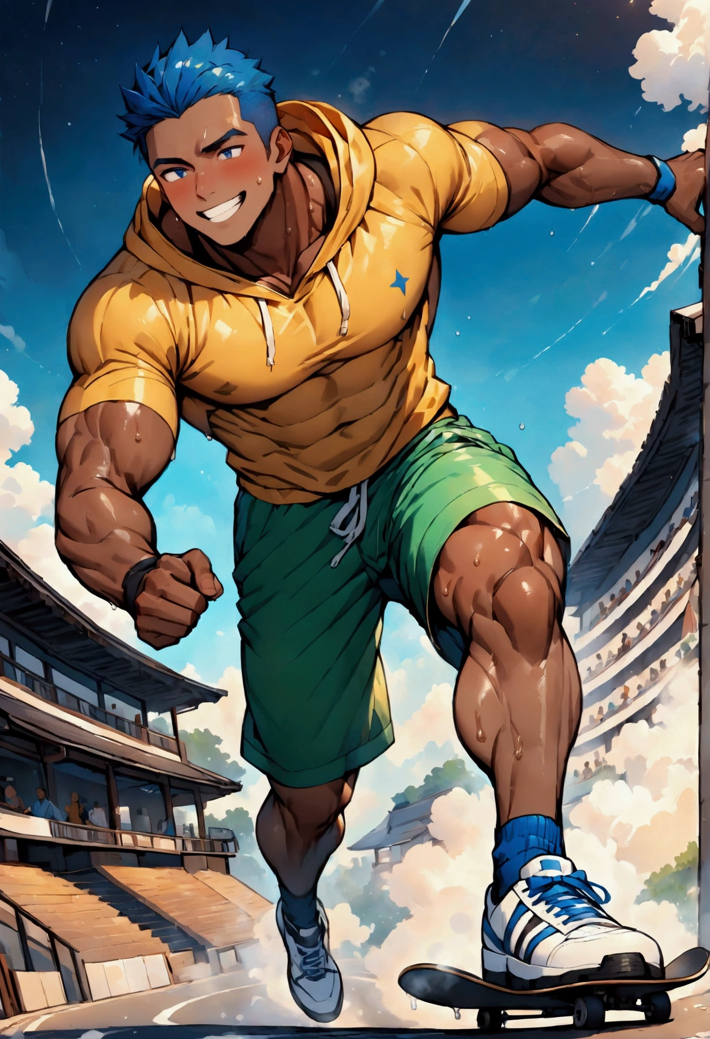 boy、He&#39;s wearing a perfect short-sleeved yellow hoodie.、Wearing green shorts、White sneakers、Skateboarding、night、starry skies、smile、Perfect Eyes、Highest quality、High resolution、Super detailed、4K、perfect anatomy、muscular male、(father:0.5)、gay、Blue Hair、Sports haircut、short hair、Brown skin、(sweat:1.3)、steam、full body、wide view