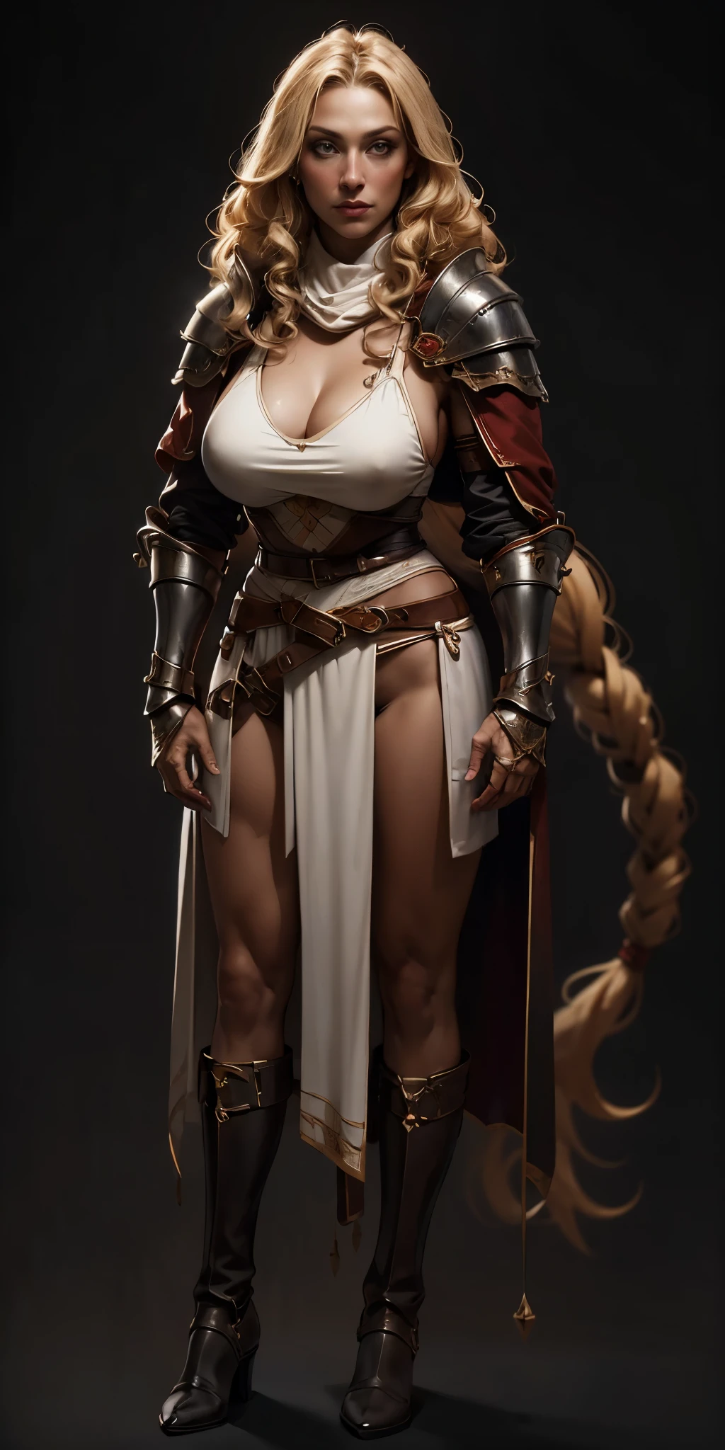 (masterpiece, best quality) (black background) full body standind straight symmetrical, FEMALE warrior princess Mercedez Von Martritz, twin big belt around waist, long curly blonde hair, very white skin, female wearing full body bikini armor with red cape, brown leather boots, adventurer outfit, veteran warrior milf bimbo