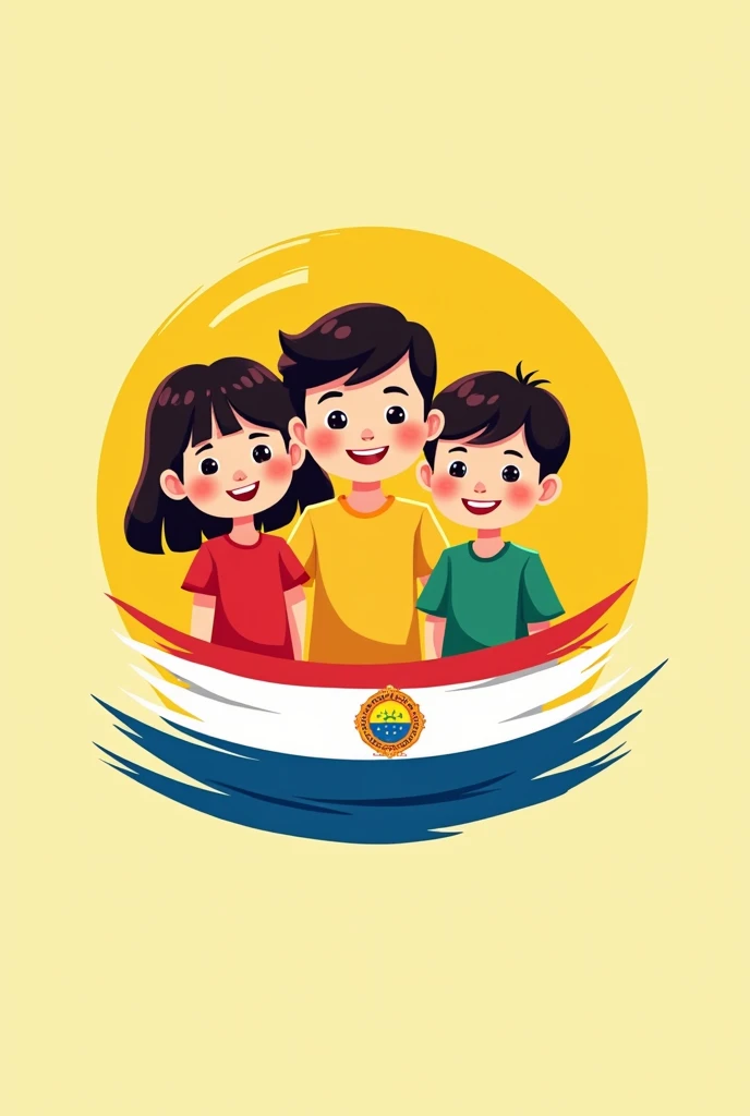 CREATE A CARTOON LOGO FOR PRESCHOOL the color of the TORCH WITH yellow background Paraguayan flag red, white and blue wearing a girl with a red shirt, , boy with yellow shirt and girl/BOY WITH GREEN T-SHIRT WITH THE SLOGAN"Raising little citizens with a great love for their homeland" written in Spanish the motto