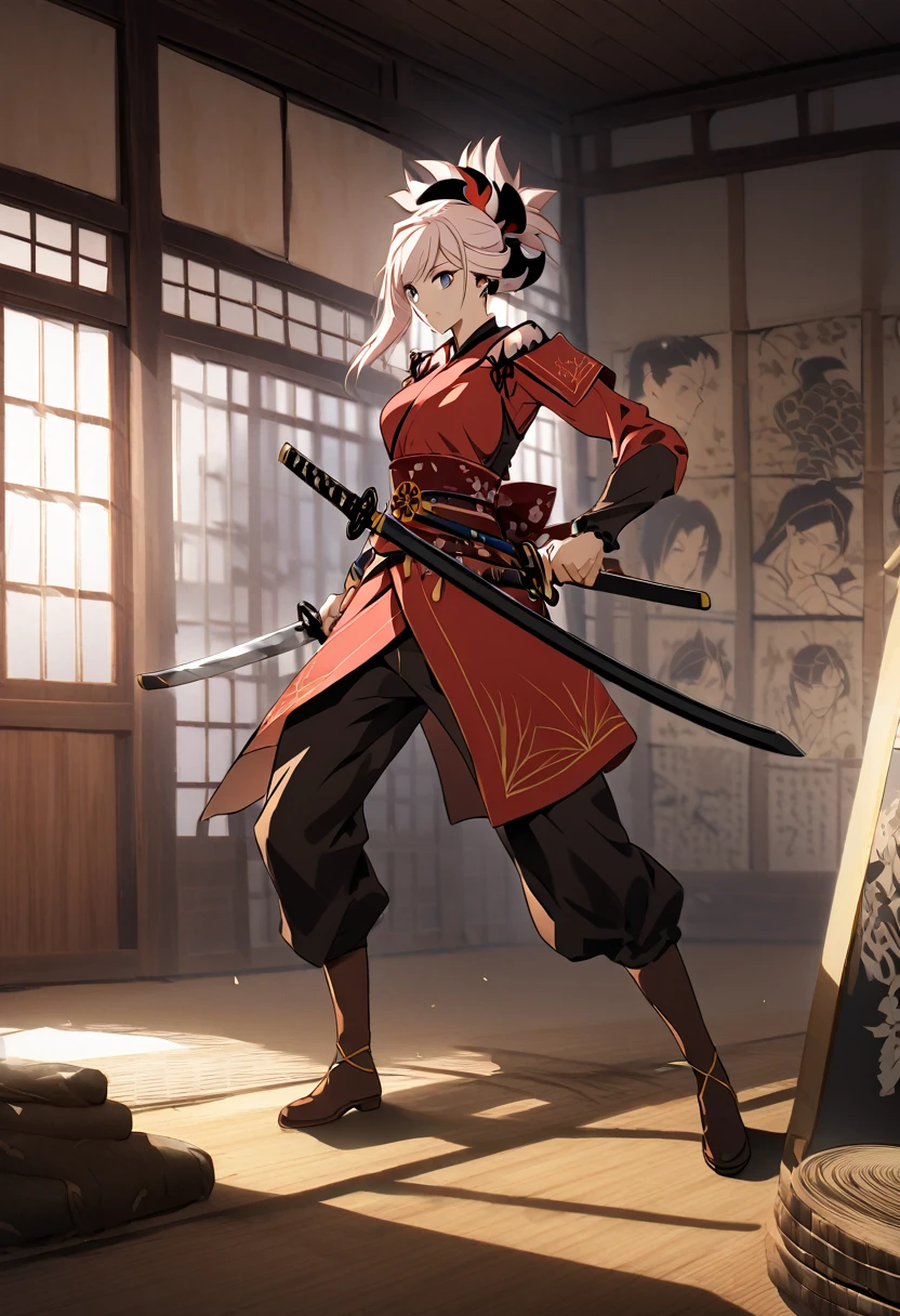 Swordsman of the Sengoku Period、Miyamoto Musashi with two swords、Holding it strongly with both hands。He stares ahead with a sharp gaze.、There is a sense of tension as if it could move at any moment.。In the background is a dimly lit dojo.、Shadows of weapons and hanging scrolls are reflected in the photo.。His unique dual-wielding style、It has a strong presence