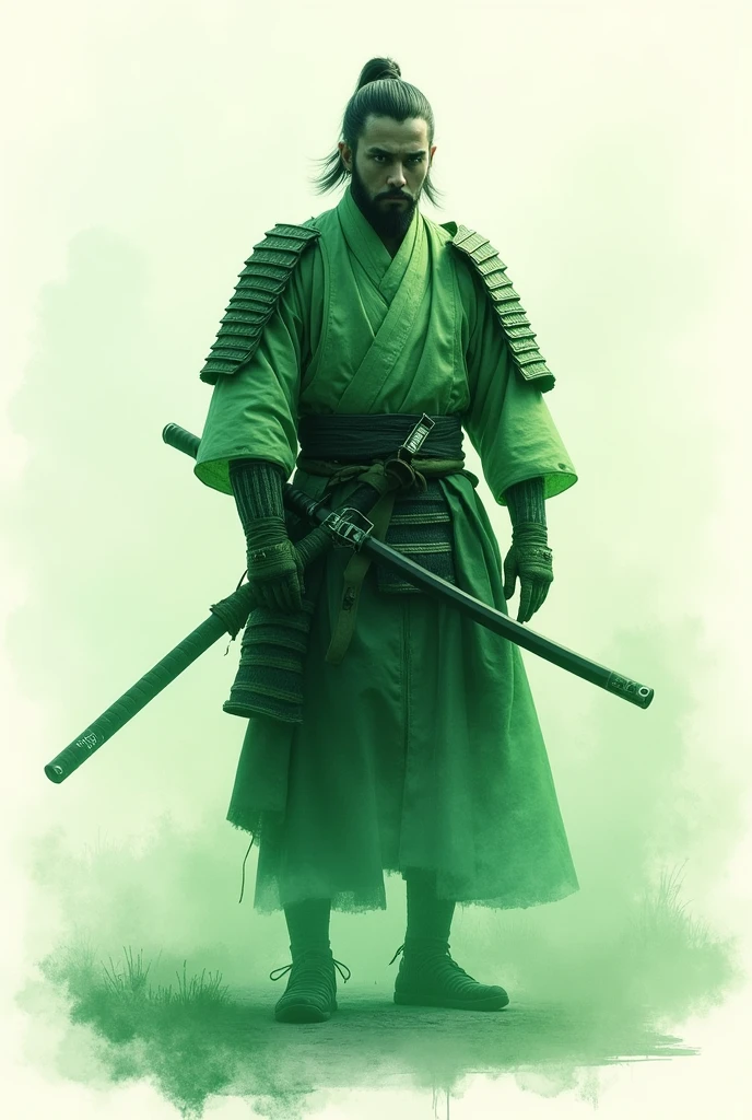 samurai lightly painted with watercolor and colored green with the full body