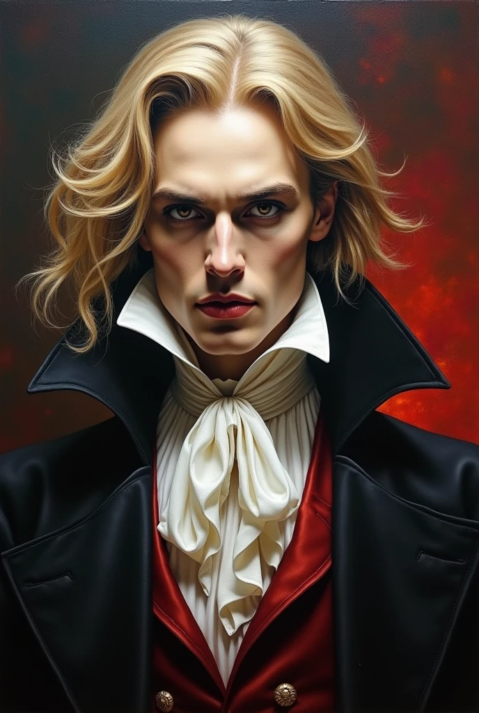 Create an image of the vampire lestat de lioncourt blood. Make this image in oil painting.