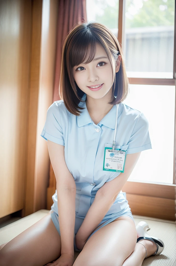 (One Girl), Brown Hair, (Very detailed美しい顔), Great face and eyes, (高いest quality:1.4), (Very detailed), (Very detailed CG 統合 8k 壁紙), Very detailed, High-resolution RAW color photos, Professional photography, Realistic portraits, Great face and eyes, Pink Eyes, (White nurse uniform、White mini skirt), ((My chest opened up)), model, Laugh shyly, Sitting, (Spread your legs), (((Bokeh))), Depth of written border, Depth of written border, ((Hospital examination room,On the bed)), (View from below:1.3),A smile full of happiness、Excited expression、Yawn、Breathtaking、looks happy