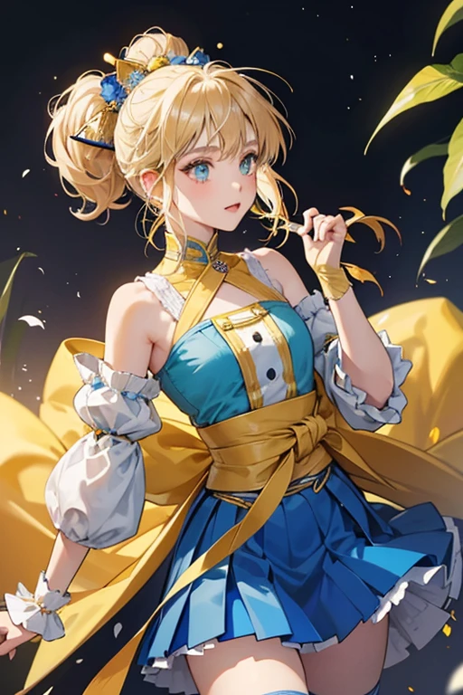 Kirara is a slim, fair-skinned young woman with pale, ash blonde hair that sticks out in tufts and green eyes. Part of her hair is tied into a high ponytail. She wears a brown cat-ear like accessory decorated with gold and flowers and lined with blue fabric and white fur. Along with this, her hair is styled a number of yellow and brown hairpins, as well as one flower-shaped clip on the right of her hair. Kirara has a distinct set of two-toned cat tails.

Kirara’s outfit consists of a dark colored cropped top made up of two pieces of fabric and decorated in the middle with a large yellow ornament with a jingle bell and two yellow tassels showing her belly button. Over this, she wears a patterned light blue tunic with detached sleeves decorated around the arms with white fur and long dark fingerless gloves that stretch past her elbow.

Around her waist, Kirara wears a stylized black belt consisting of a long piece of black fabric held together with numerous bows of varying colors with a dangling ornament pinned to it and a small blue cape decorated with flowers. Under all of this, she wears a pleated blue skirt lined with gold and a set of black leg warmers. SPARKLE; GLITTER
