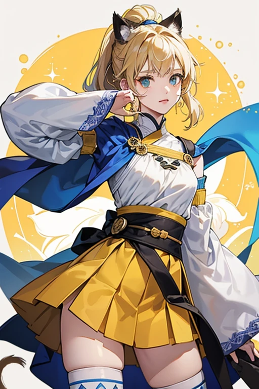 Kirara is a slim, fair-skinned young woman with pale, ash blonde hair that sticks out in tufts and green eyes. Part of her hair is tied into a high ponytail. She wears a brown cat-ear like accessory decorated with gold and flowers and lined with blue fabric and white fur. Along with this, her hair is styled a number of yellow and brown hairpins, as well as one flower-shaped clip on the right of her hair. Kirara has a distinct set of two-toned cat tails.

Kirara’s outfit consists of a dark colored cropped top made up of two pieces of fabric and decorated in the middle with a large yellow ornament with a jingle bell and two yellow tassels showing her belly button. Over this, she wears a patterned light blue tunic with detached sleeves decorated around the arms with white fur and long dark fingerless gloves that stretch past her elbow.

Around her waist, Kirara wears a stylized black belt consisting of a long piece of black fabric held together with numerous bows of varying colors with a dangling ornament pinned to it and a small blue cape decorated with flowers. Under all of this, she wears a pleated blue skirt lined with gold and a set of black leg warmers. SPARKLE; GLITTER