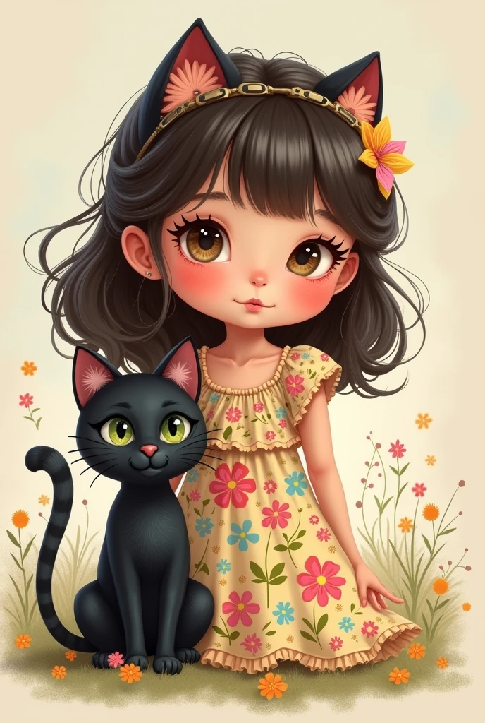 a girl with dark brown hair with brown eyes and dark skin. a blue dress with flowers with a cute cartoon style black cat 