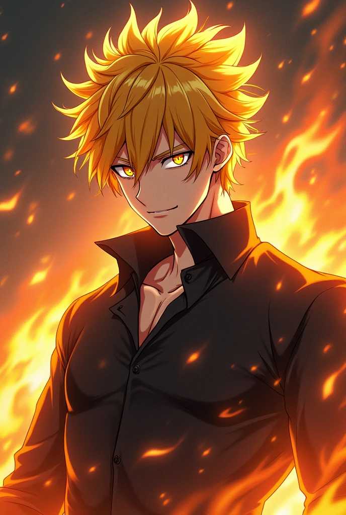 Yellow hair, yellow eyes, handsome, young, anime, strong, masculine, cold, dangerous, cold smile, fire, non-radiant 
