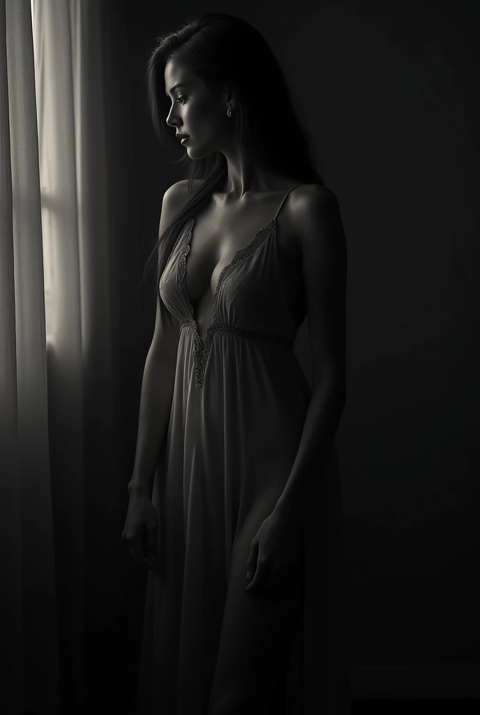 girl, alone, sm, sexy, bk and white photography, in shadows, high contrast, sexy sheerghtgown, sensual, dramatic lighting, moody atmosphere, photo realistic, intricate details, masterpiece, ultra detailed, high quality, 8K, best quality, realistic, cinematic, high contrast photos, melancholic, expressionistic, powerful composition, emotional impact, art inspired by the movie Sin City
